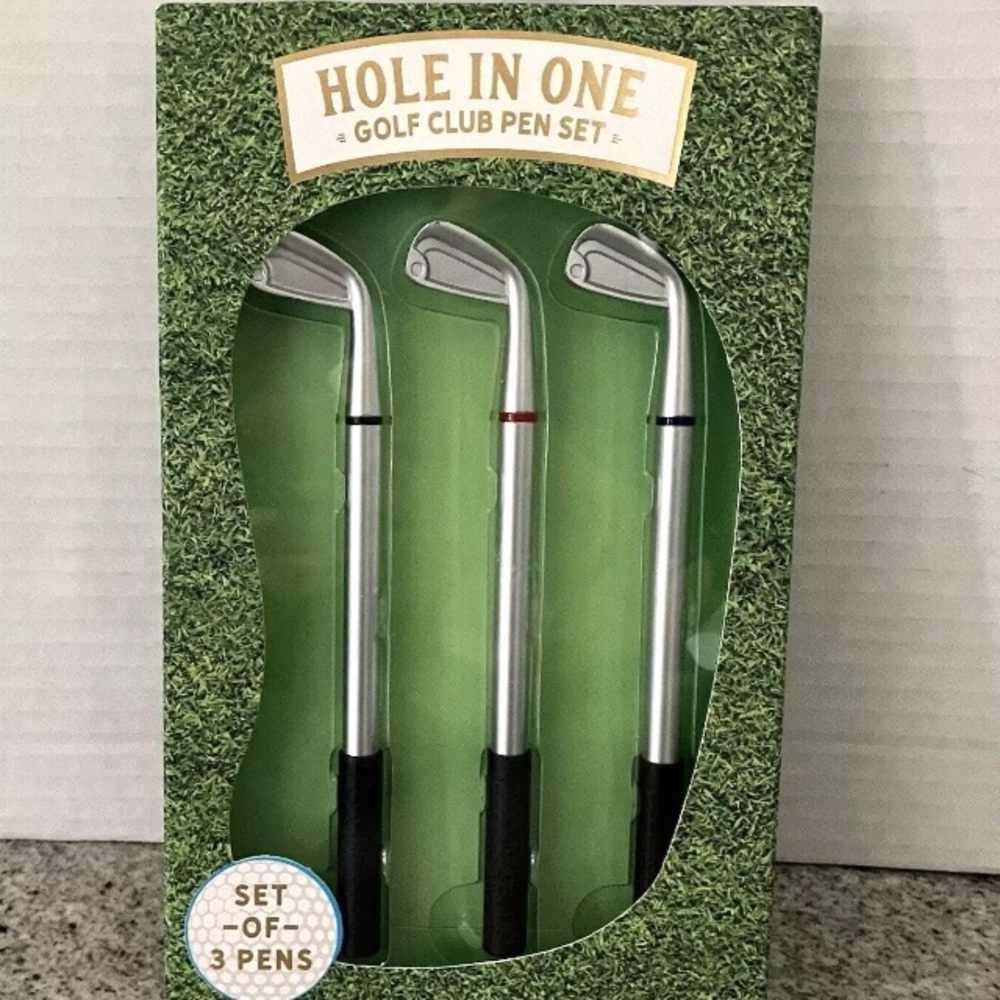 Eccolo Golf Club 3 Pc Pen Set in Silver & Black. Red, Blue & Black Ink. New.